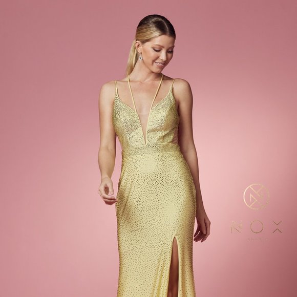 NEW LEMON RHINESTONE DETAIL DRESS WITH PLUNGING NECKLINE AND ZIPER BACK NXE1003 - Picture 1 of 9